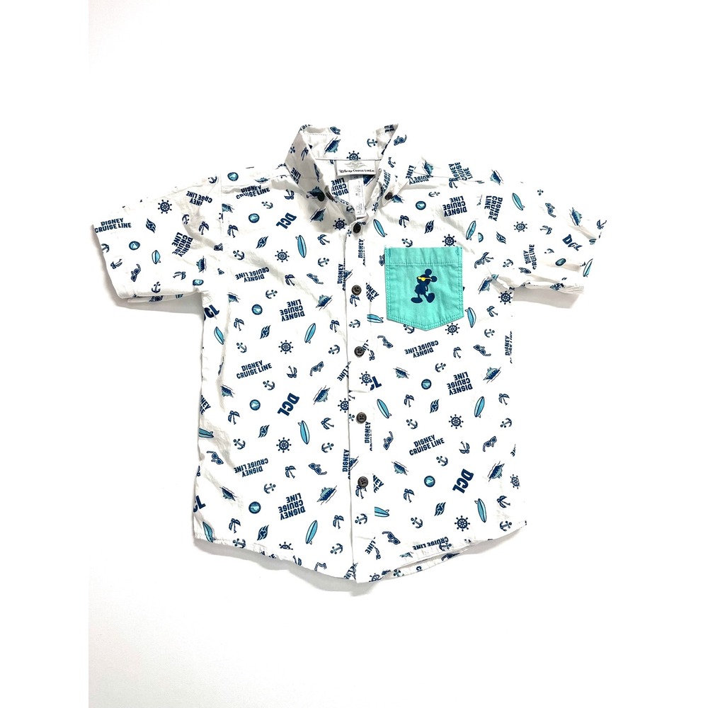 Disney Cruise Line Kids Mickey Mouse Button Down Shirt White Blue Size 8A S